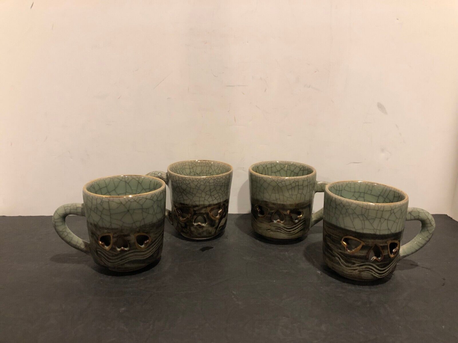 Set of 4 Vintage Otagiri Somayaki Somaware Coffee Cups Double Wall Japan Crackle