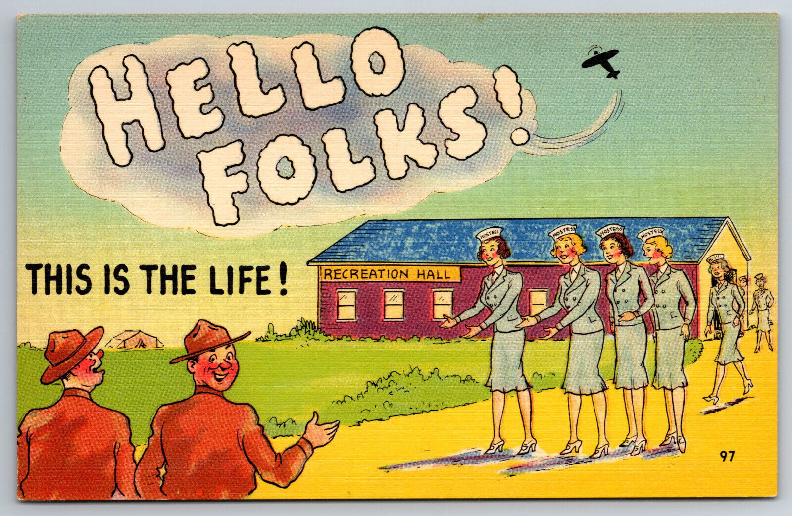 Vintage Postcard Funny Humor Cartoon Military Soldiers Pretty Women Linen