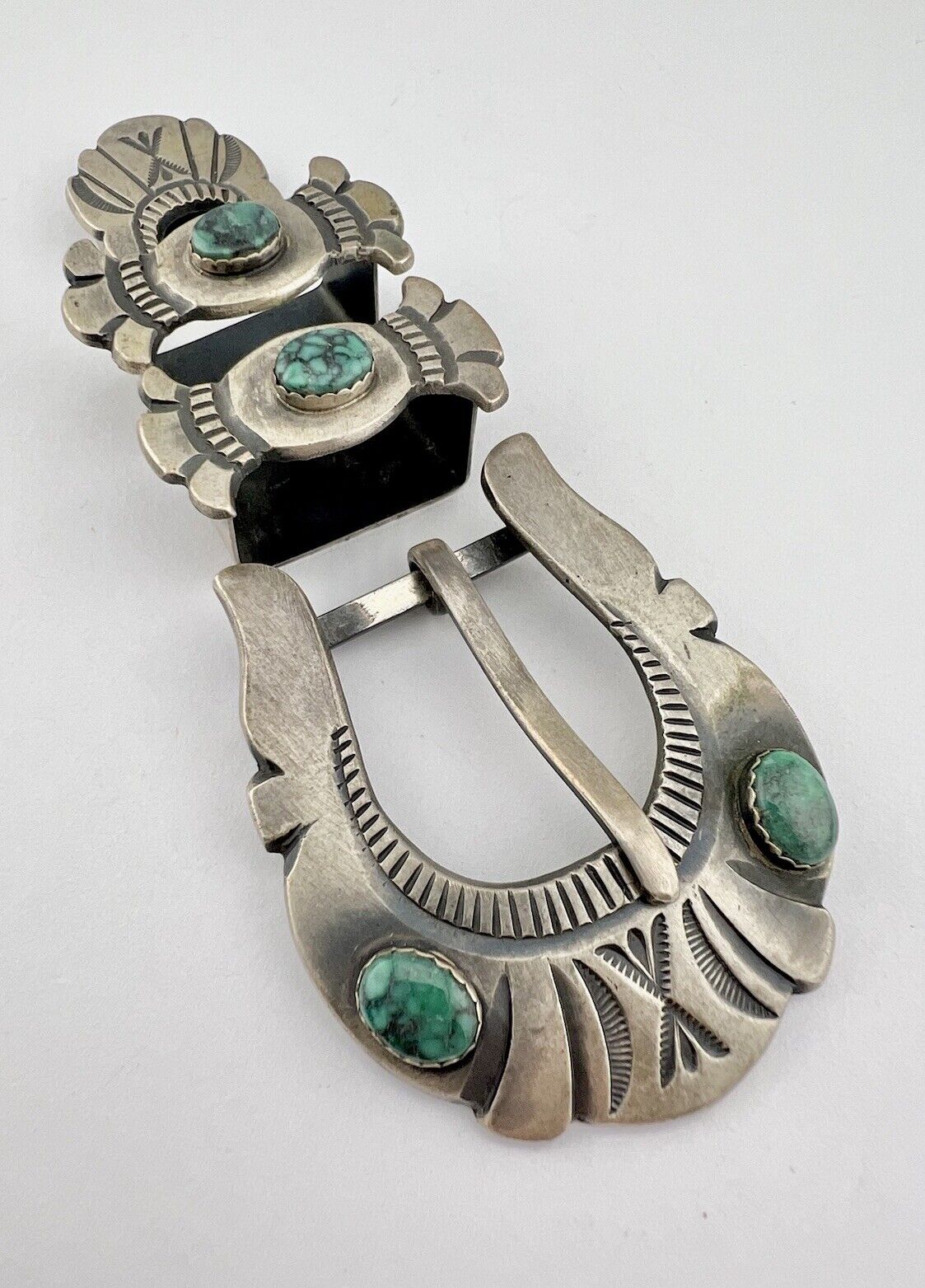 Harry Morgan Navajo Sterling Silver Deep Stamped Turquoise Ranger Belt Buckle