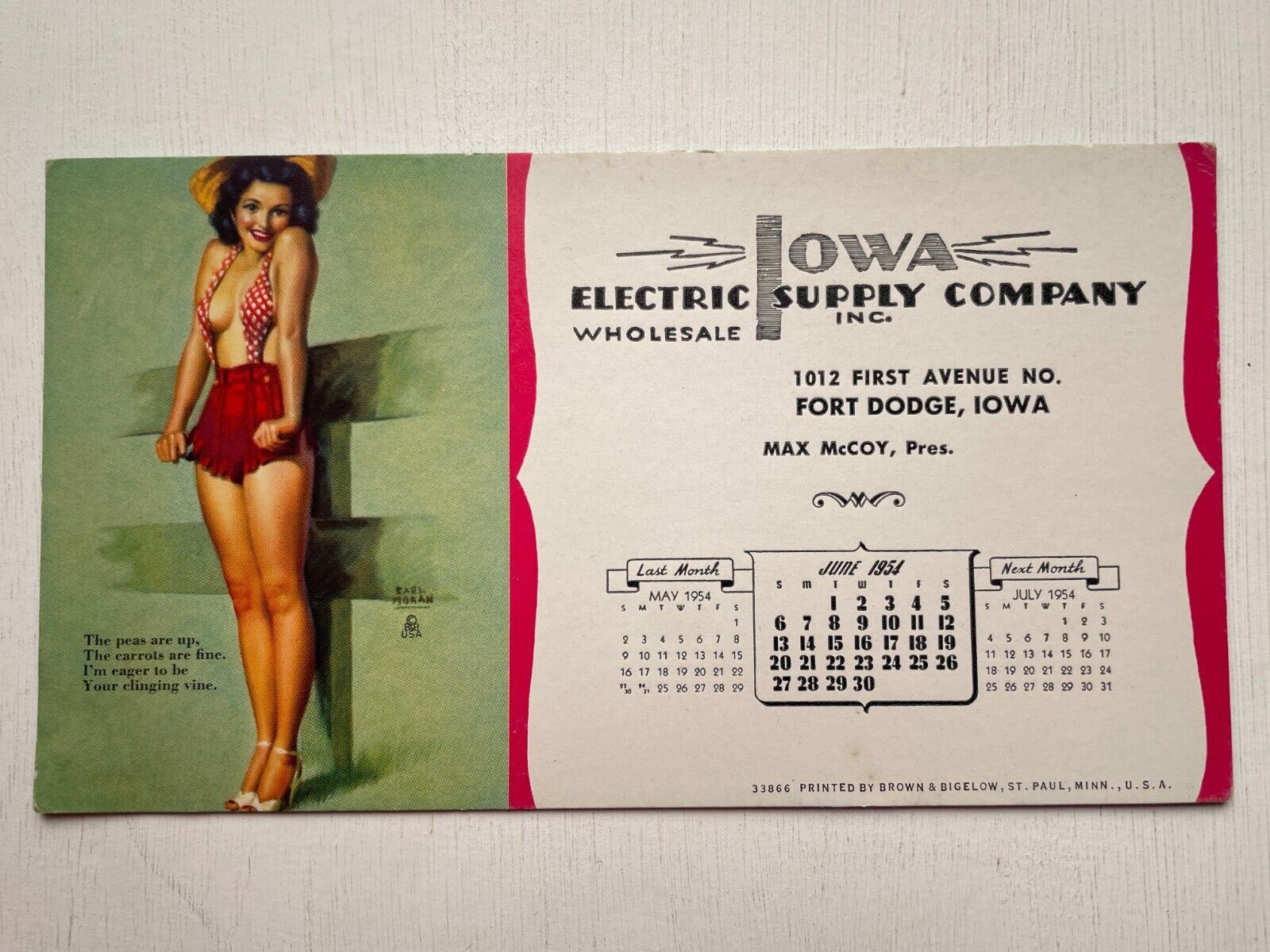 June 1954  Pinup Girl Picture Blotter by Earl Moran- Fort Dodge, Iowa
