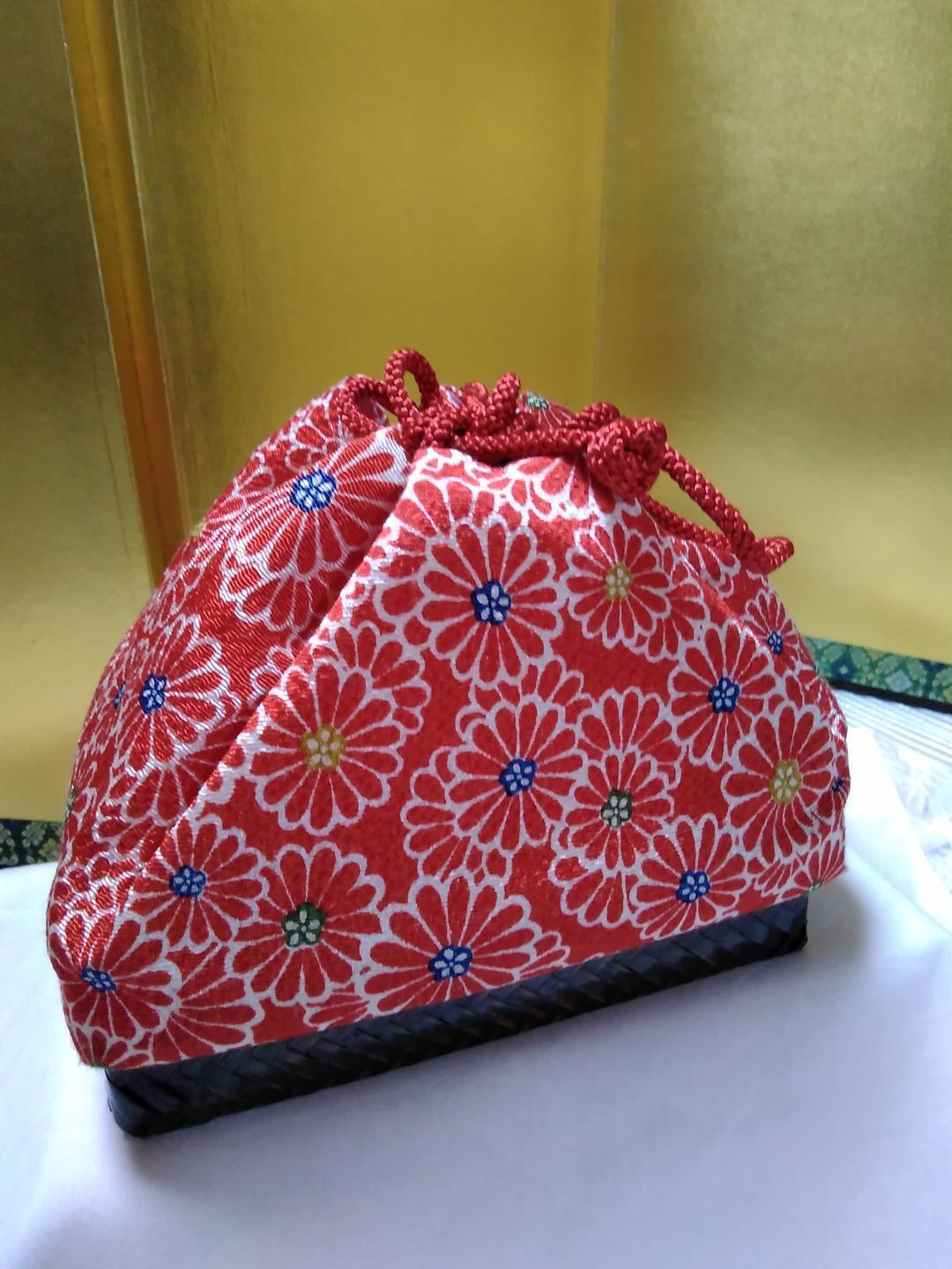 How About A Bamboo Basket Drawstring Bag, Red Crepe Fabric, Flowers, Pongee, Sma