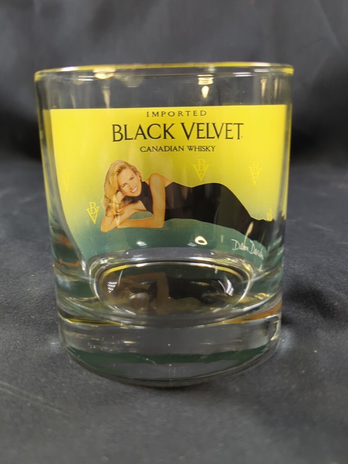 Vintage Black Velvet Imported Canadian Whisky Glass W Woman Dawn Davidson Unique