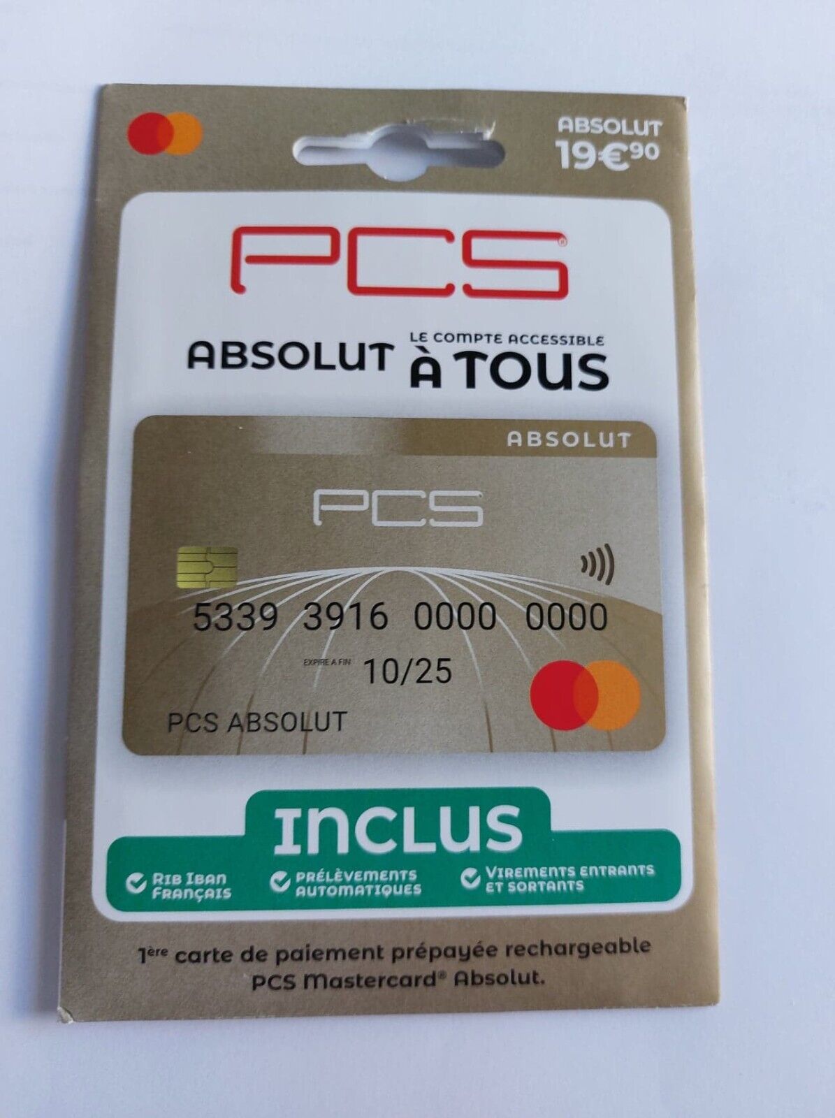 Mastercard Prepaid Bank Card: PCS ABSOLUT:RIB French, SMS Management NEW