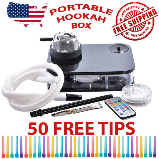 Hookah Set Shisha Portable Kit Acrylic Box Travel Personal 50 Tips Fast Shipping