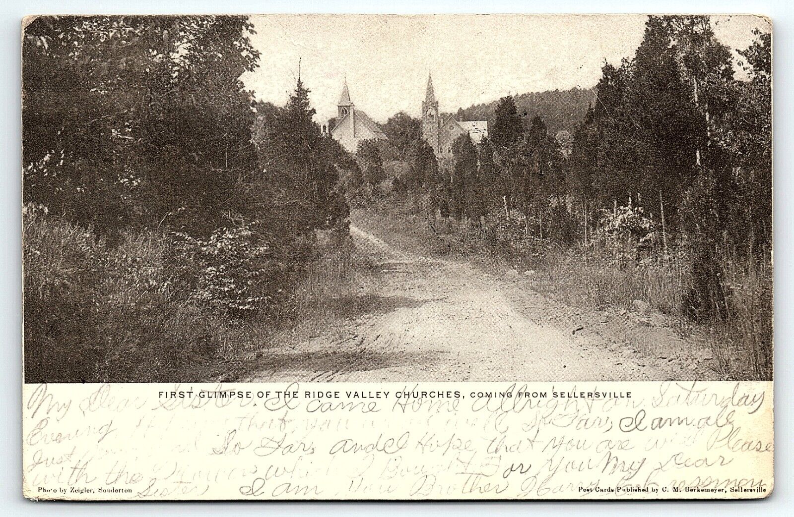 1908 SELLERSVILLE PA FIRST GLIMPSE OF RIDGE VALLEY CHURCHES EARLY POSTCARD P4142