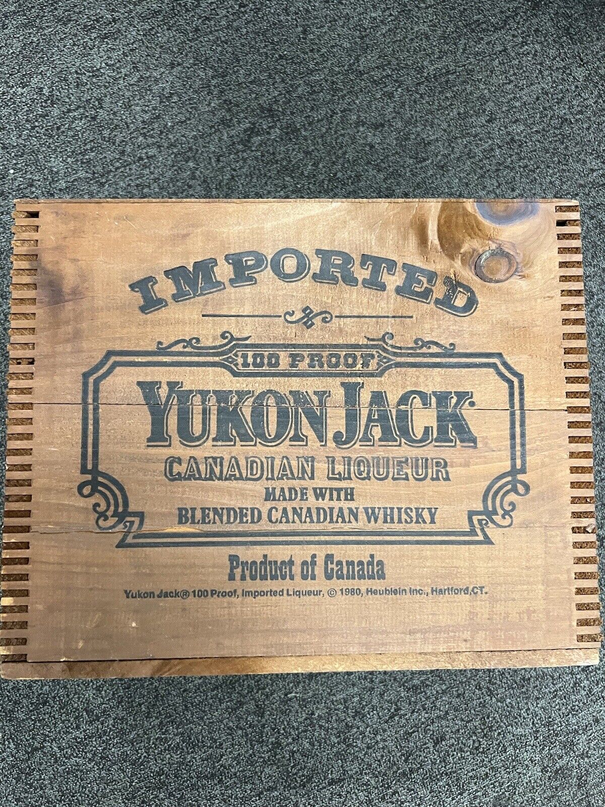 Vintage Yukon Jack 100 Proof Canadian Whiskey Liqueur Wood Box Crate Slide Lid