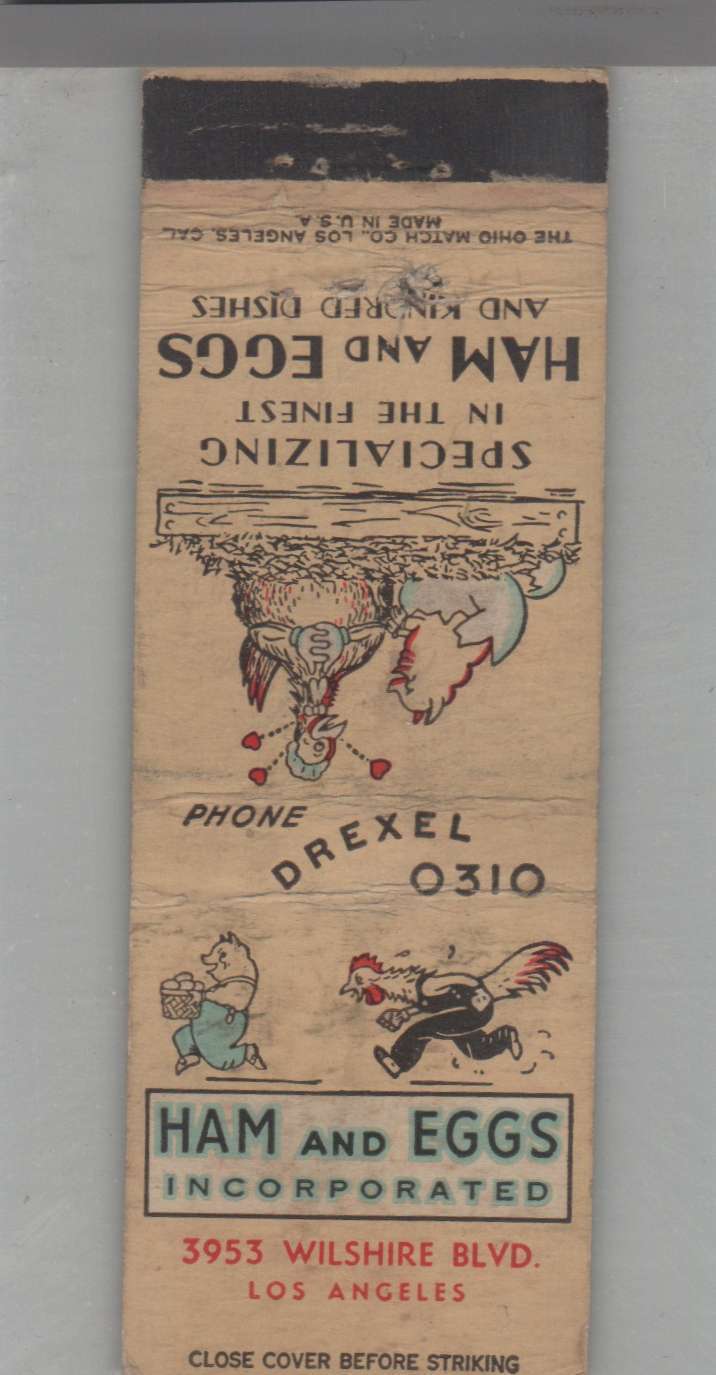 Matchbook Cover - Pig - Ham and Eggs Los Angeles, CA