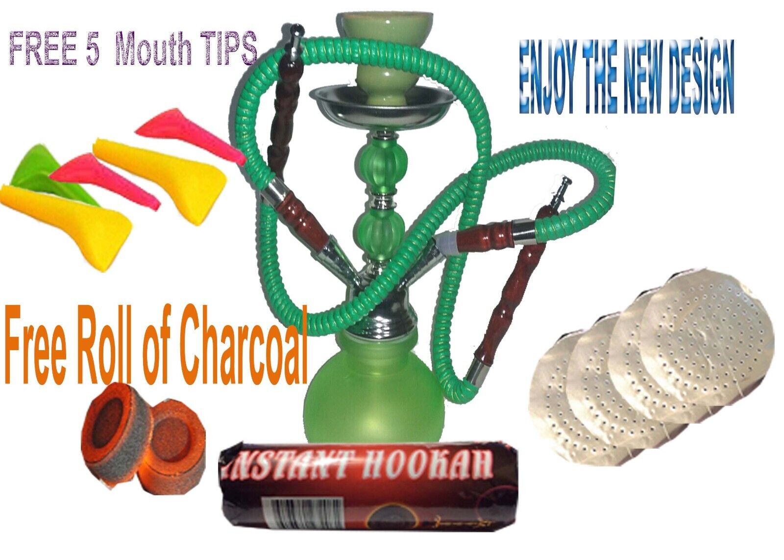 GREEN Hookah 12” Glass Water Pipe 2 Hose Shisha Narghile-Charcoal-tips-foil-red