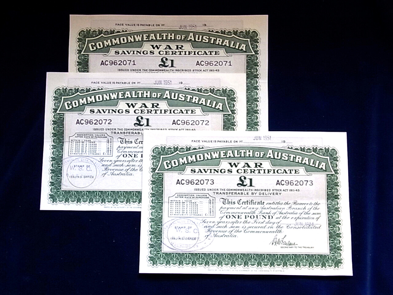Australia. 1944 (WW.11) War Savings Certificate for 1 Pound x 3 Consecutive.