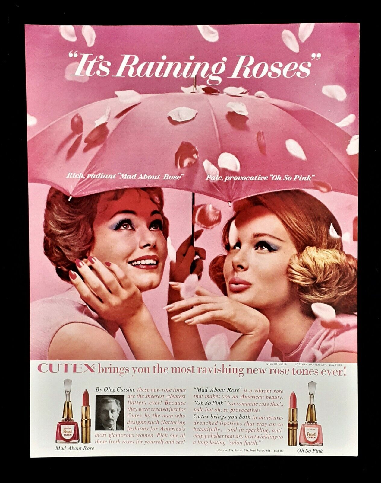 Cutex nail polish ad Oleg Cassini Vintage 1962 raining roses advertisement