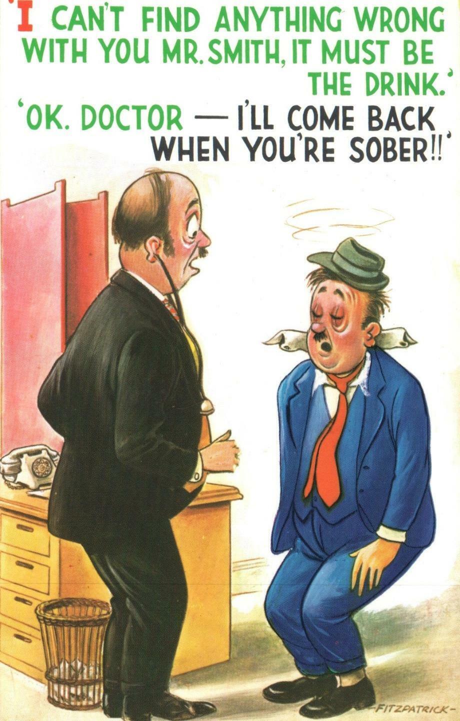 COMIC BAMFORTH DOCTOR CAN'T FIND ANYTHING WRONG with DRUNK MAN POSTCARD