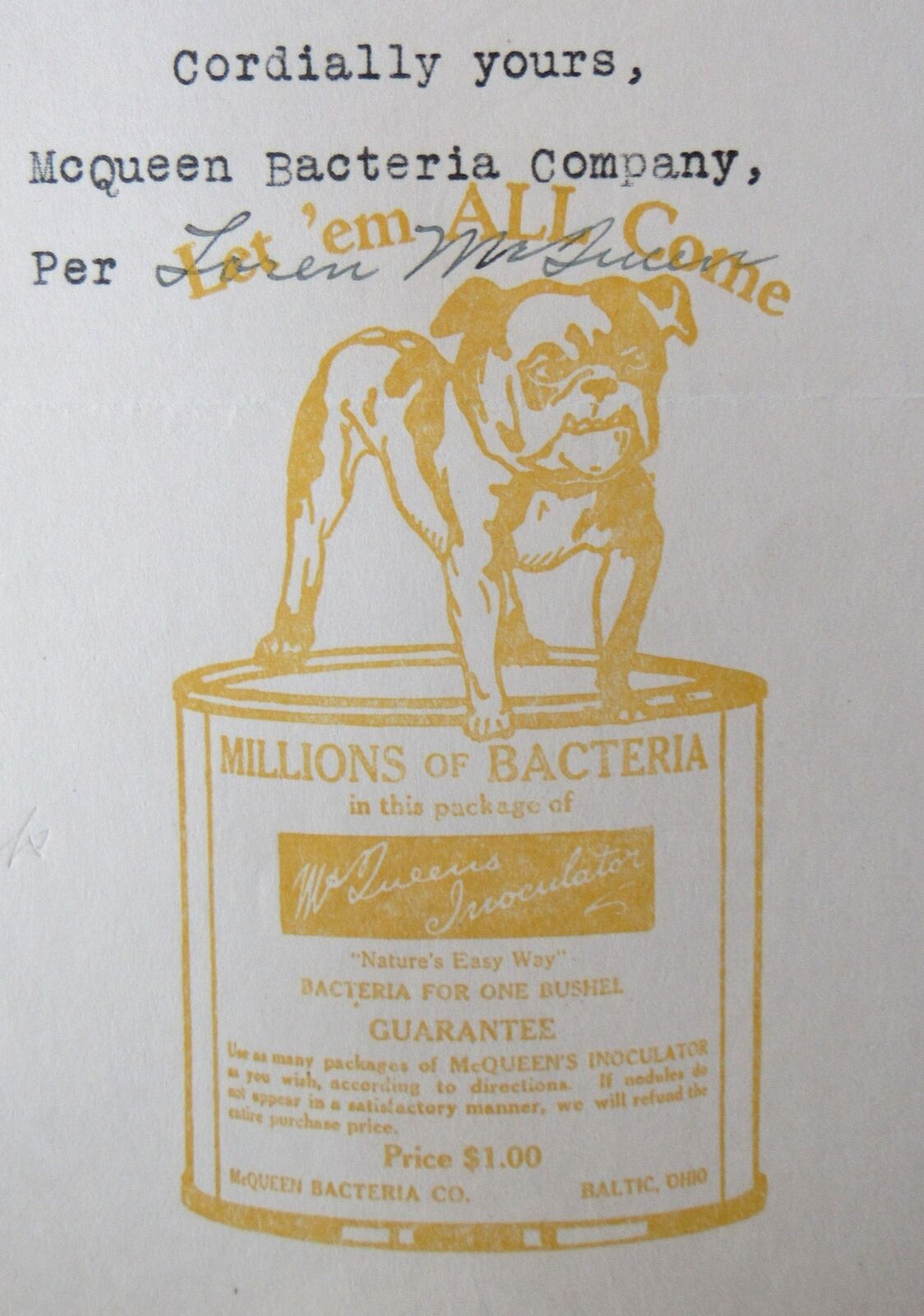 1924 Letter McQueen Bacteria Co Baltic Ohio Inoculator Legumes Loren Research