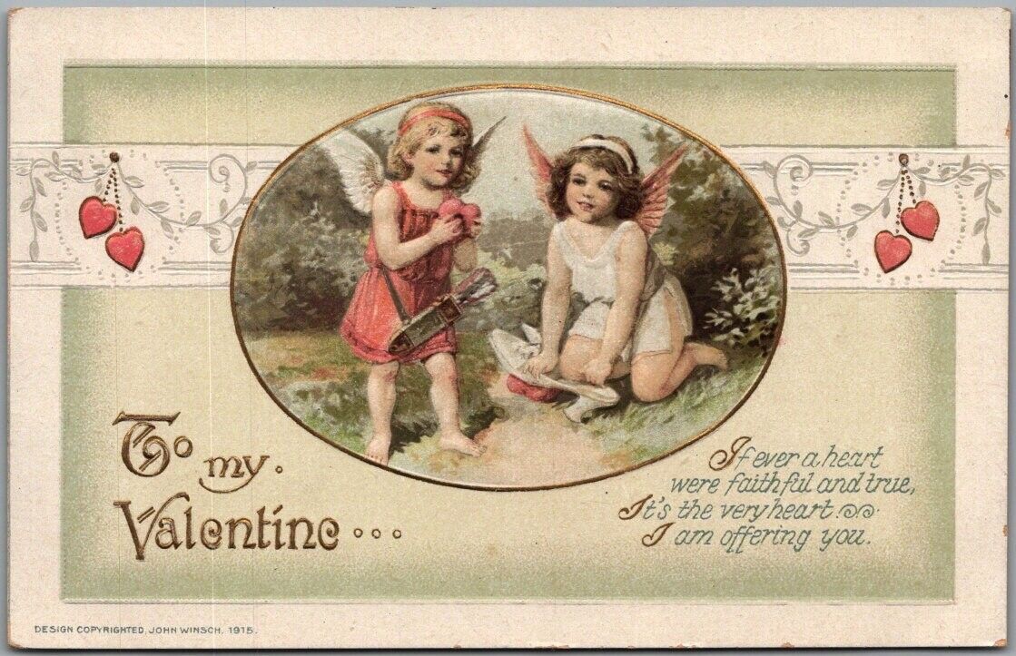Vintage 1910s Valentine Romance Embossed Postcard CUPIDS Angels UNUSED