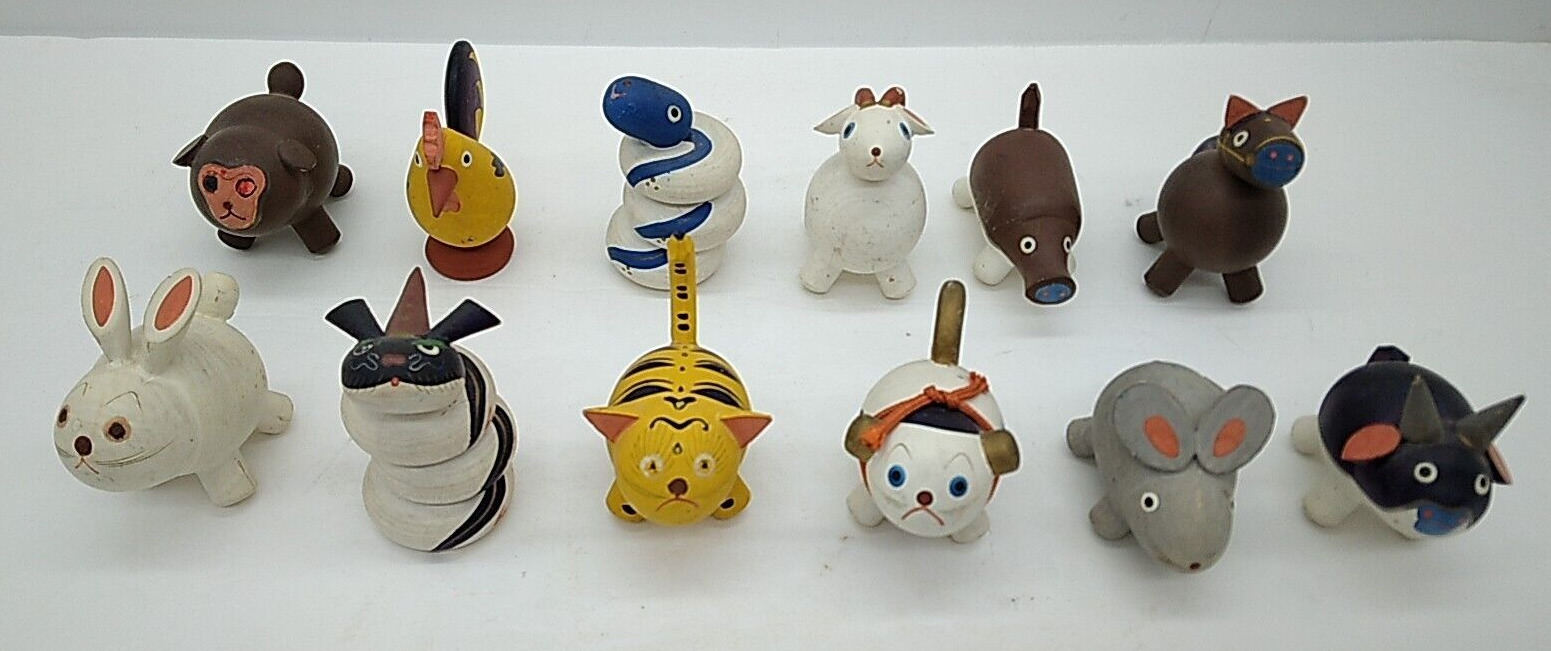Japanese Zodiac Lucky Charm Set of 12 Wood Jyunishi Vintage Hand Painted Unique
