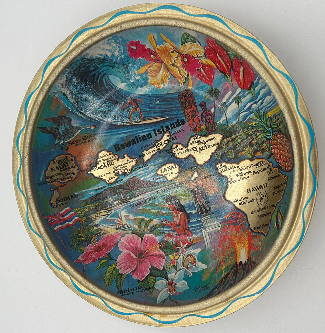 Vintage Hawaiian Decorative Metal Bowl 10” Diameter Colorful Beach Poolside