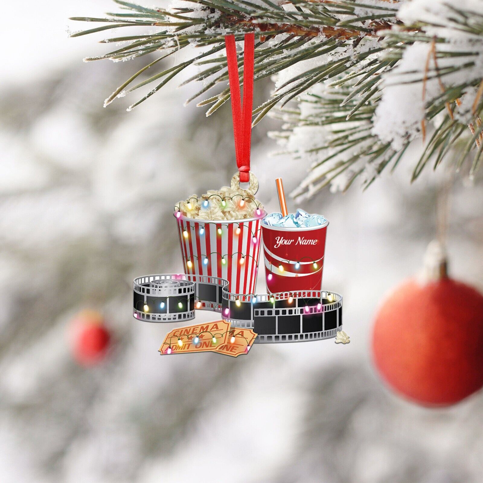 Custom Name Christmas Popcorn Cinema Ornaments for Christmas Tree, Popcorn Lover