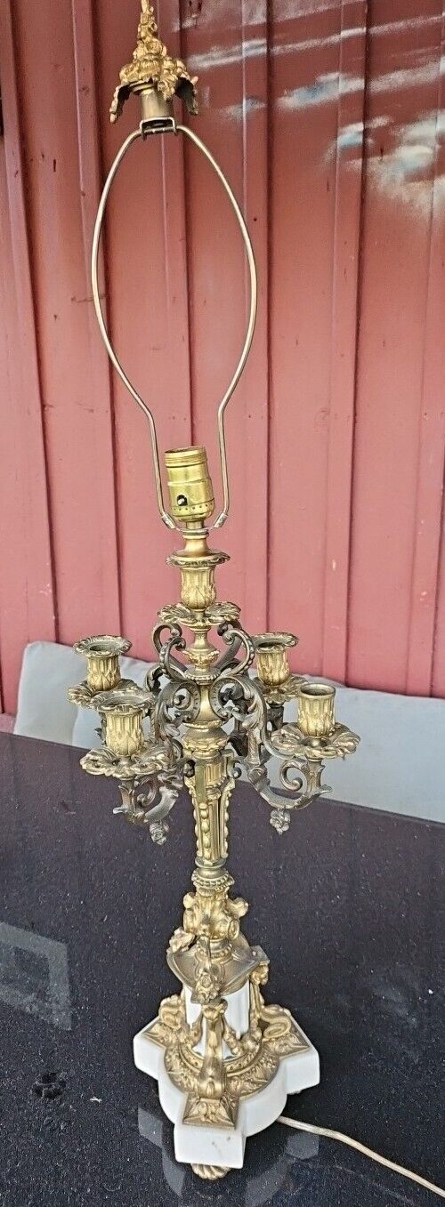 Louis XVI Style Brevettato Brass Marble 4 Arms Italian Candelabra Table Lamp 35\