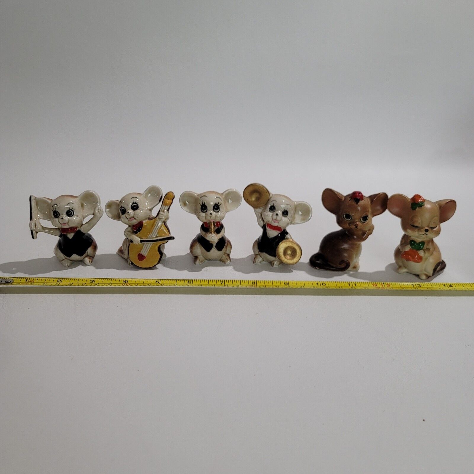 6 Miniature Figurines Bone China & Lefton Mice Mouse porcelain Band Cello cymbal