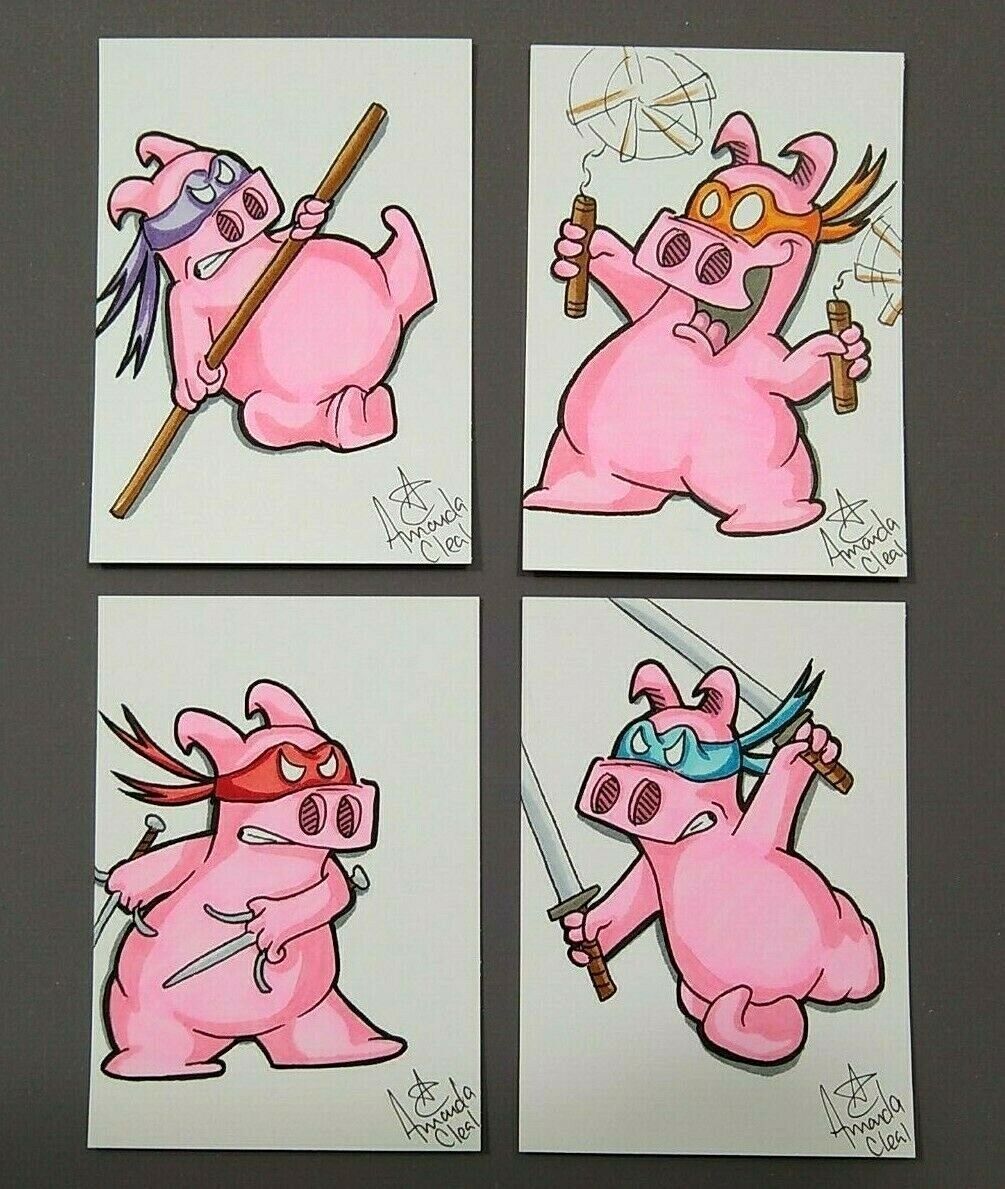 🐷 Original Sketch Card Set - Rupert as Teenage Mutant Ninja Pigs Junk.Food.Art