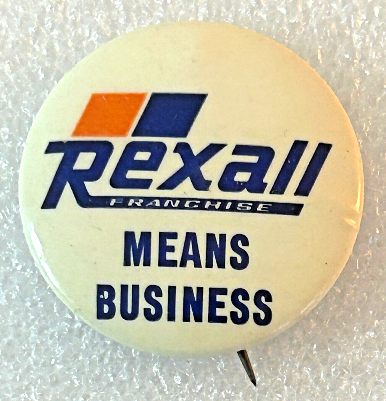 Vintage Rexall Means Business Franchise Drugstore Advertising Pin Pinback Button