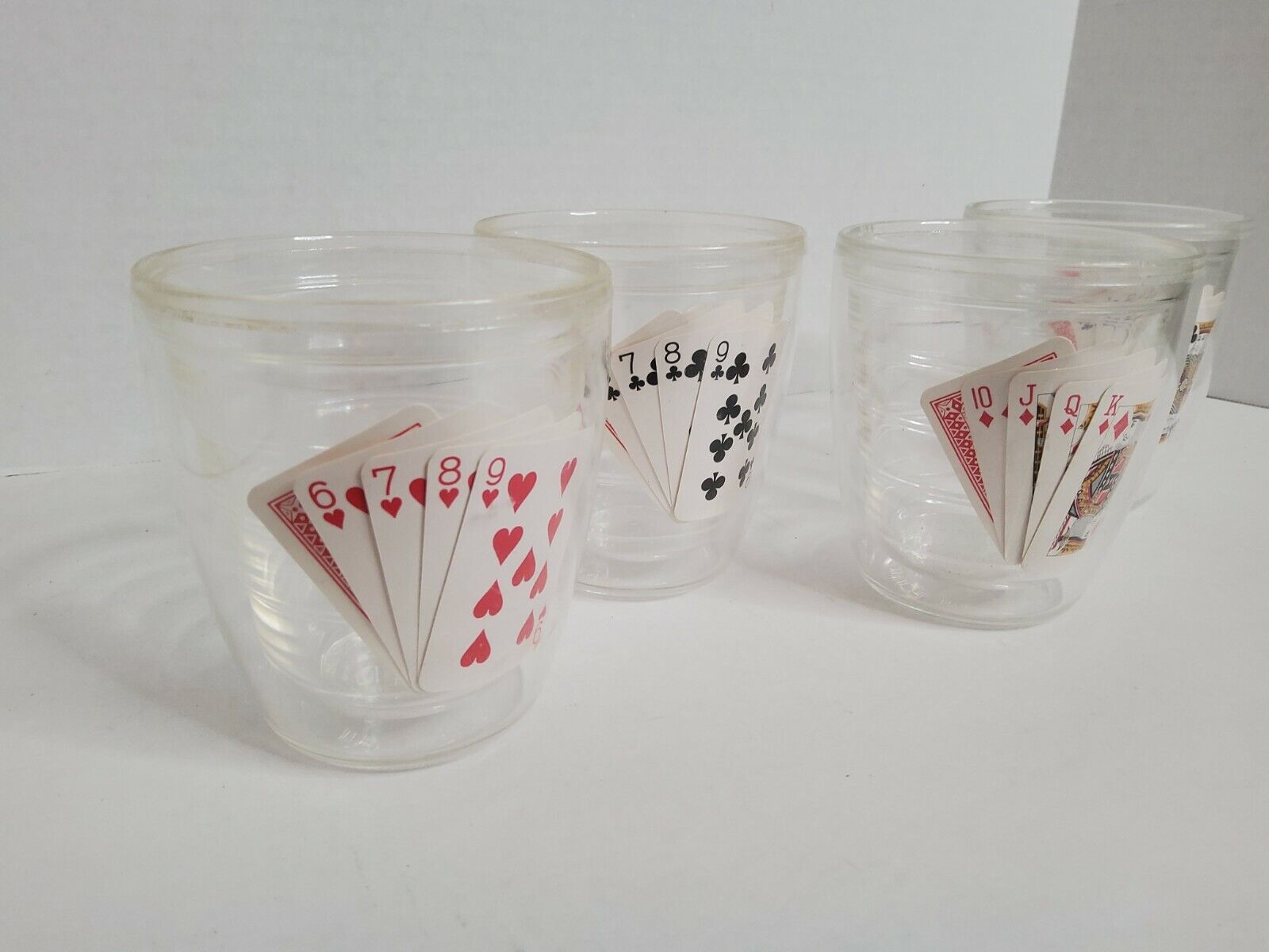 Vintage 1983 Set of 4 Expressive Designs, Playing Cards Mixed Drink Glasses.