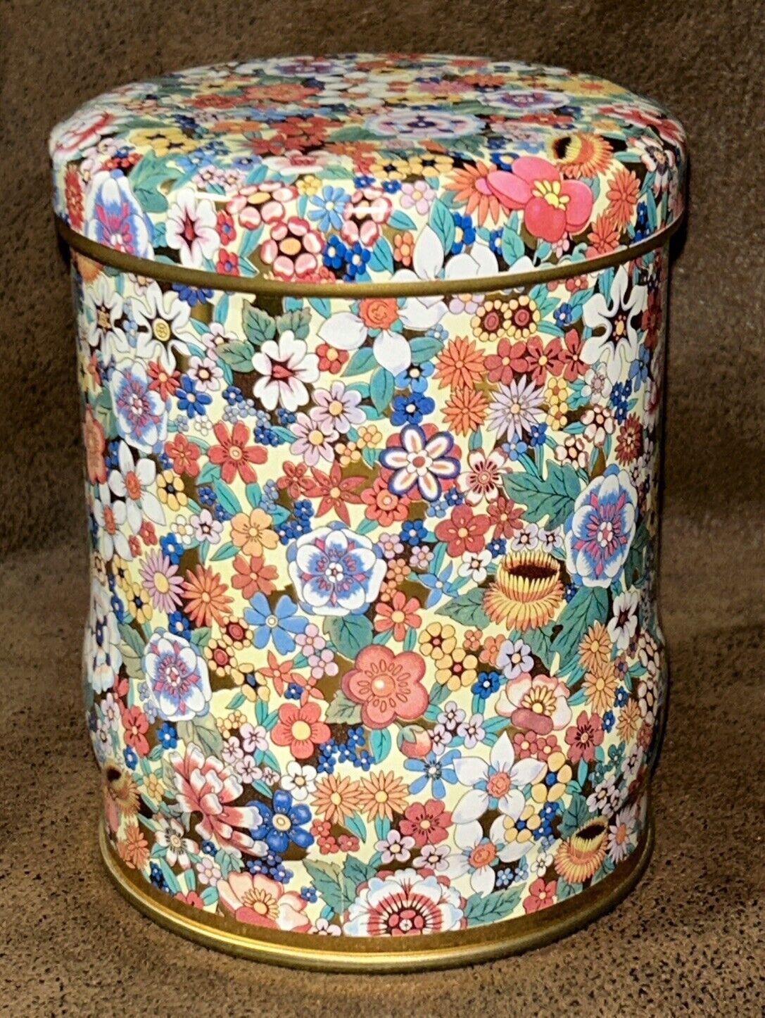 Vintage Daher Tea Biscuit Tin Round Canister Chintz Floral Retro Pattern 5x3.5”