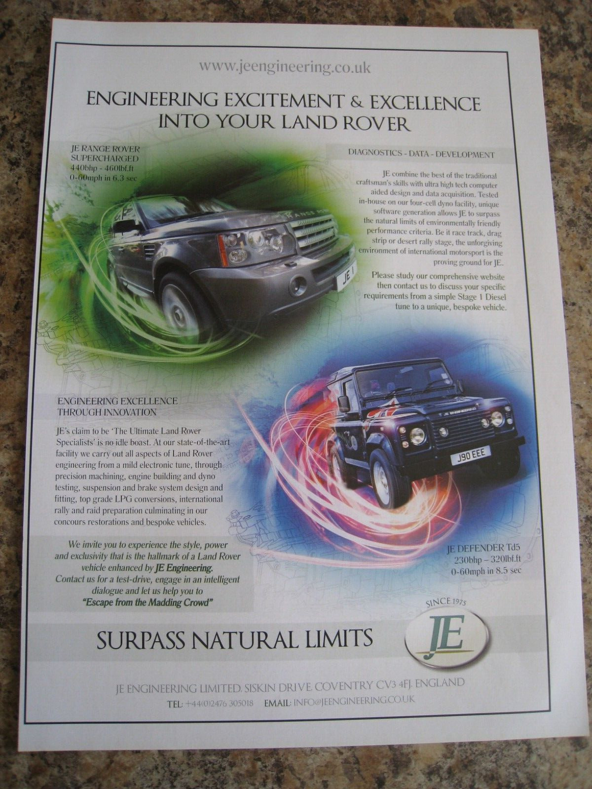 JE ENGINEERING LAND ROVER SURPASS NATURAL LIMITS CAR ADVERT A4 SIZE FILE 17