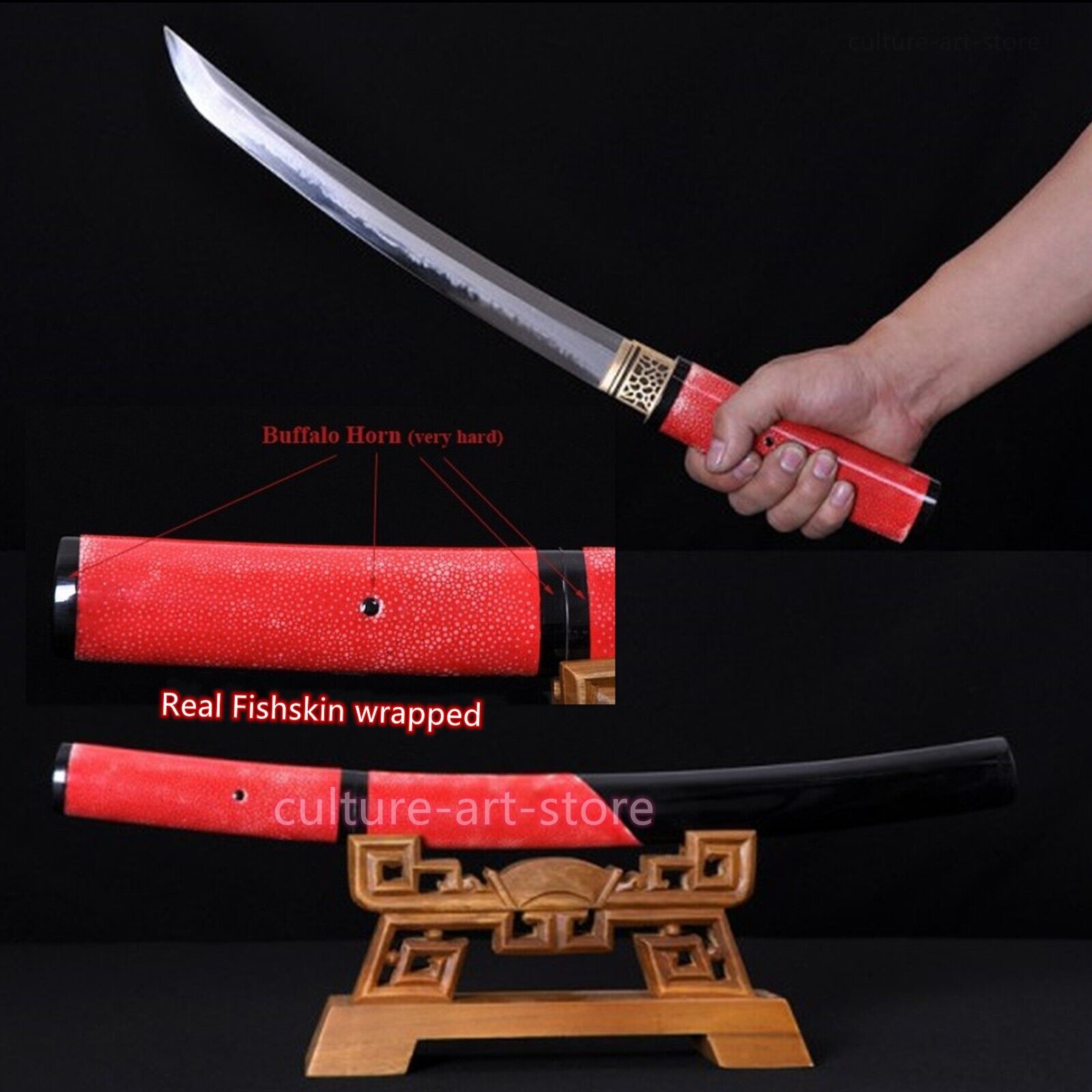 HIGH QUALITY JAPANESE SAMURAI SWORD CLAY TEMPERED TANTO REAL RED RAY SKIN HANDLE