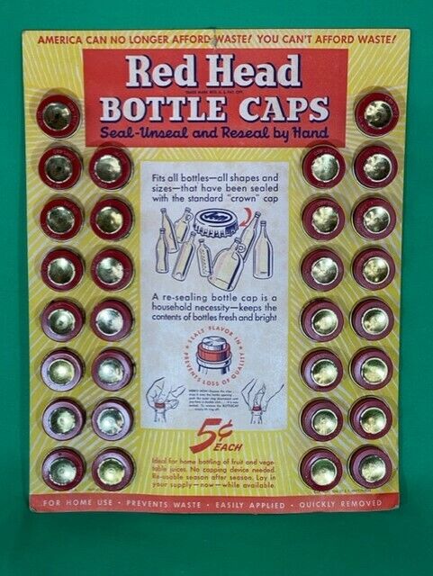 Vintage 1944 Wartime Red Head Bottle Caps Drug Store Display Complete - NOS