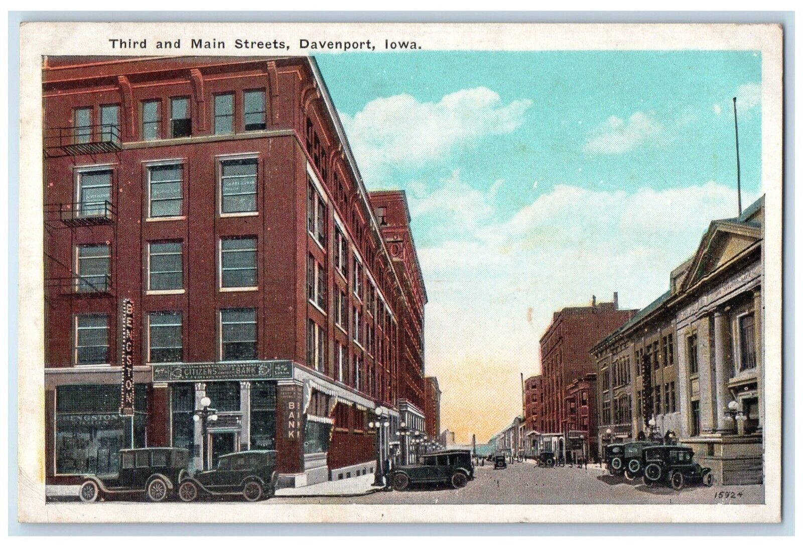 Davenport Iowa Postcard Third Main Streets Exterior View Building 1924 Vintage