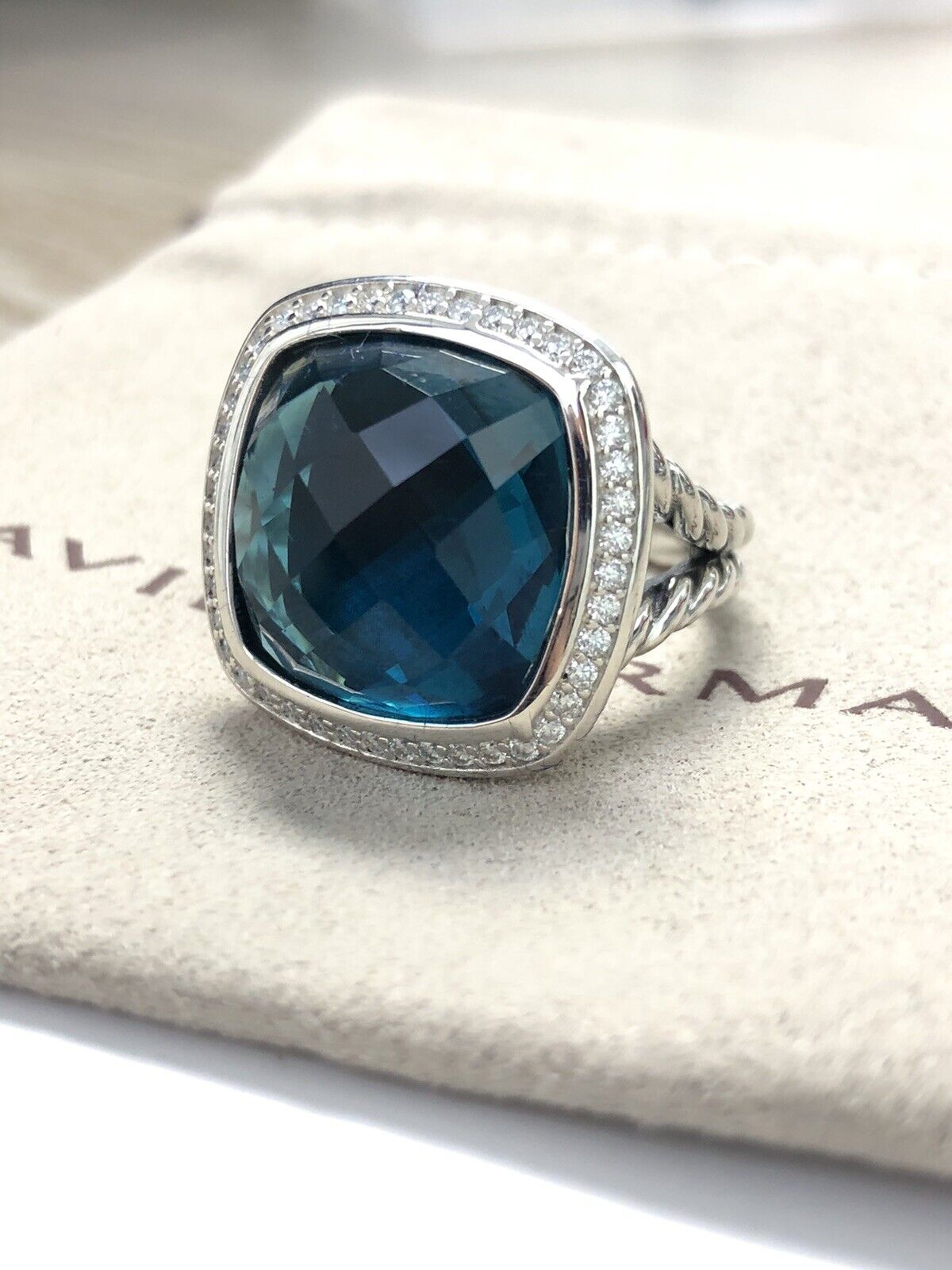 David Yurman Sterling Silver Albion 17mm Hampton Blue  & Diamond Ring Size 8
