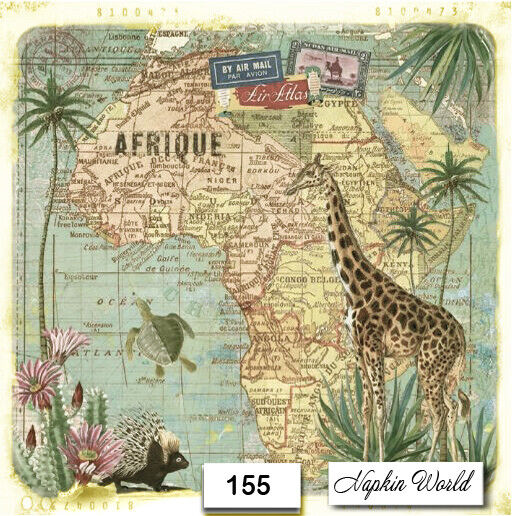 (155) TWO Individual Paper Luncheon Decoupage Napkins - AFRICA MAP GIRAFFE 
