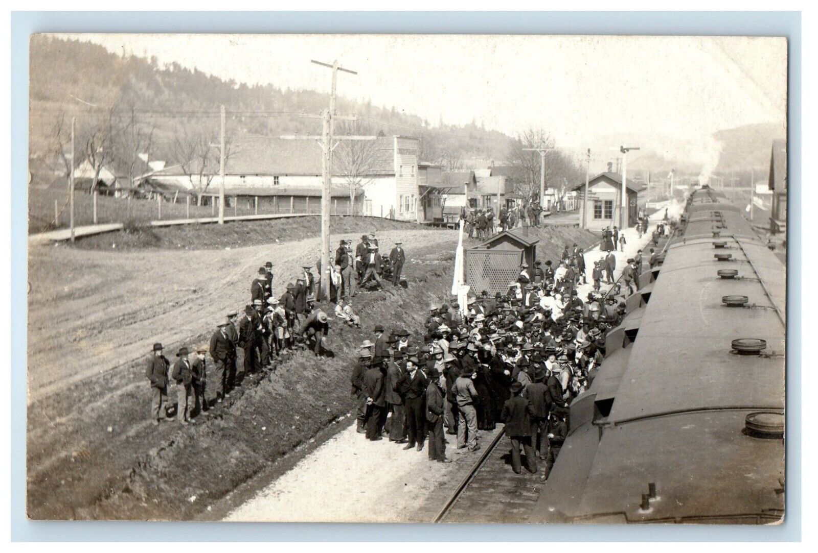 c1910 Depot Train Station Large Crowd Locomotive RPPC Photo Postcard