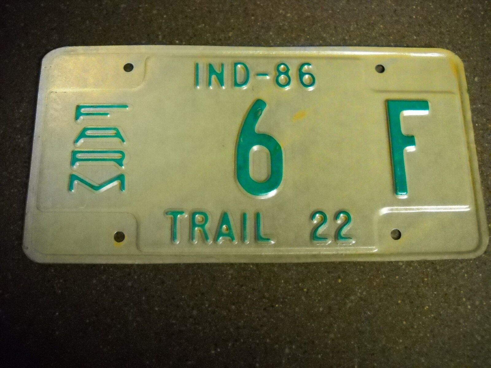Rare Vintage 1986 Indiana Farm Trail Trailer License Plate  6 F Low Number 