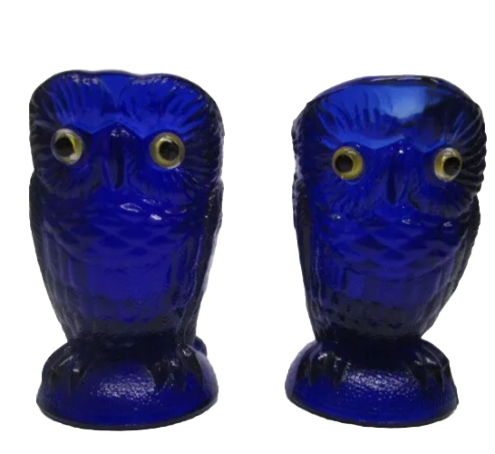 Vintage Cobalt Blue Imperial Glass Owl Creamer & Sugar Yellow Eyes Double RARE