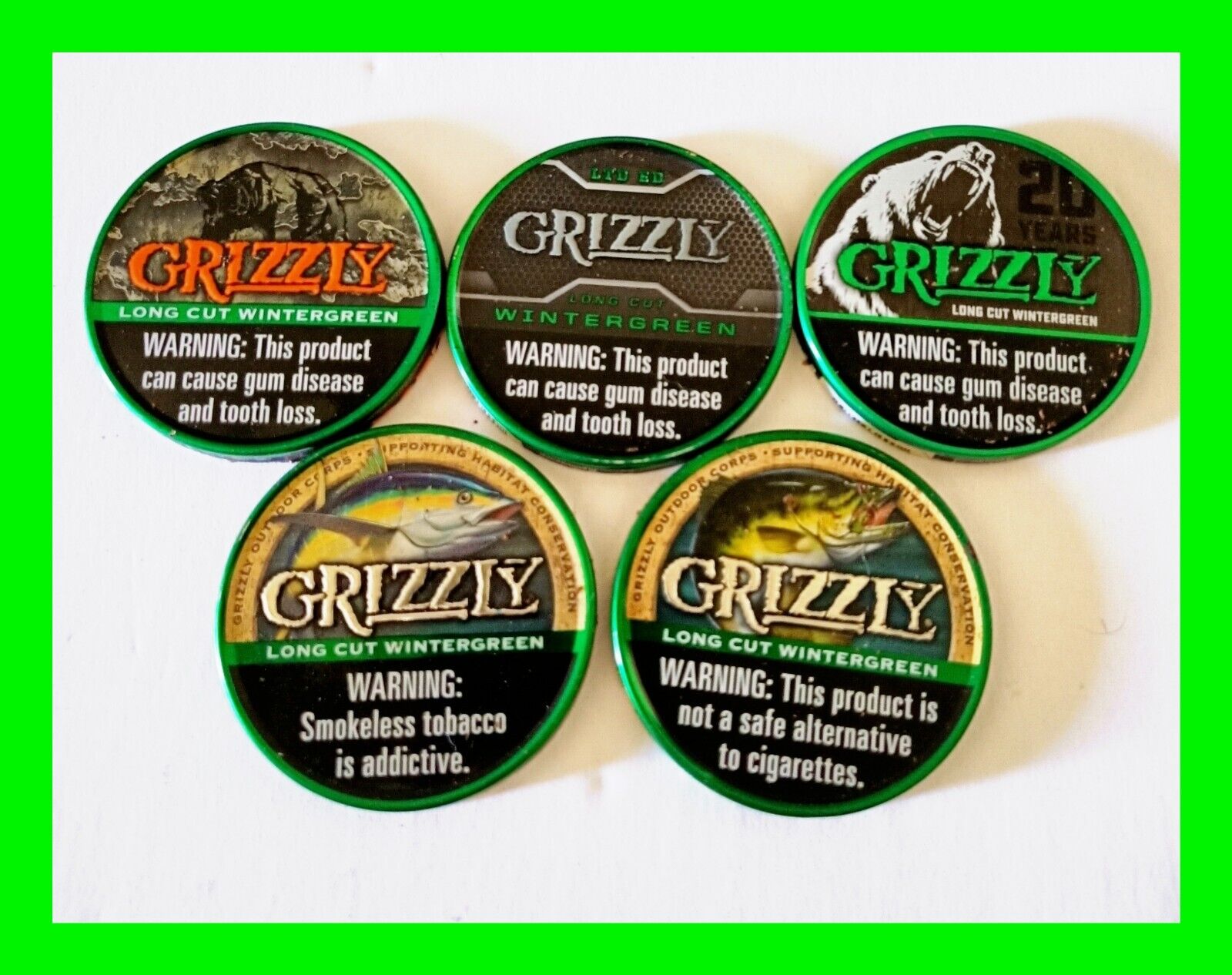 5x Obsolete Grizzly Long Cut Wintergreen Limited Edition Tins Tops Hard To Find 