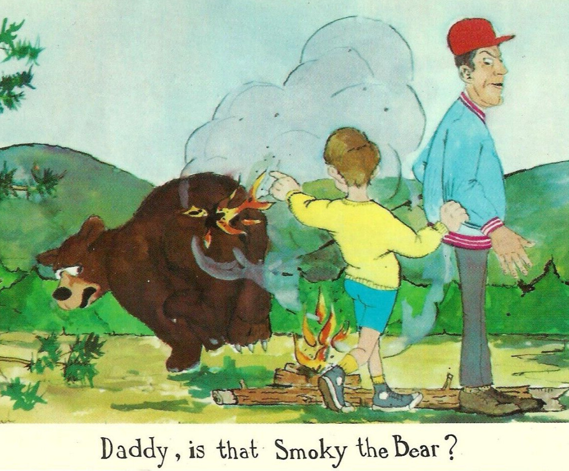 Comic Postcard. \'Daddy, Is That Smoky the Bear?\' Bear\'s Fur on Fire. UNP. HC01