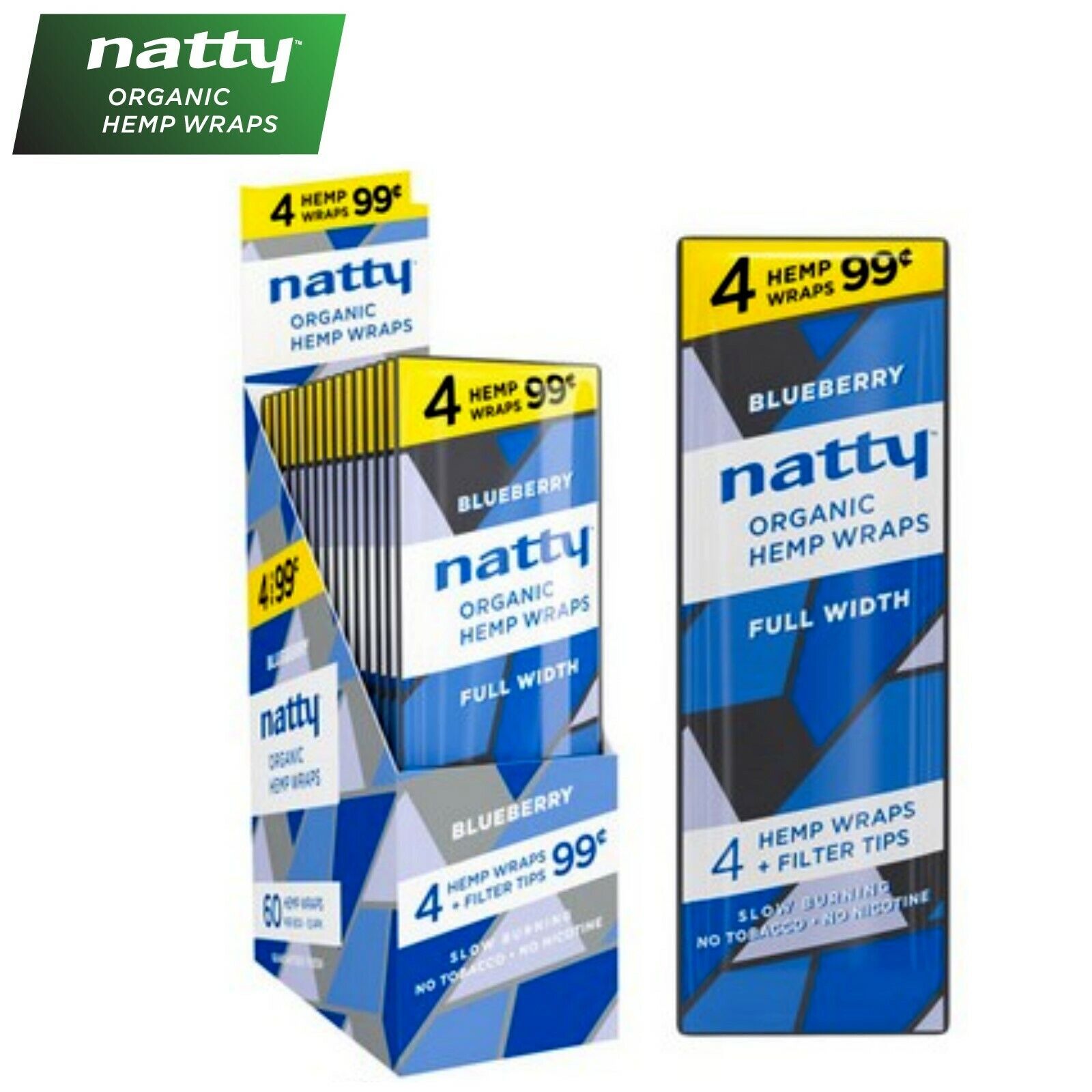 NATTY Organic BLUEBERRY Flavored Full-Width Herbal Wraps Full Box 15/4CT - 60PCS