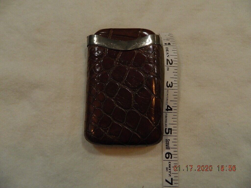 leather cigar case w/sterling band used vintage, crocodile leather