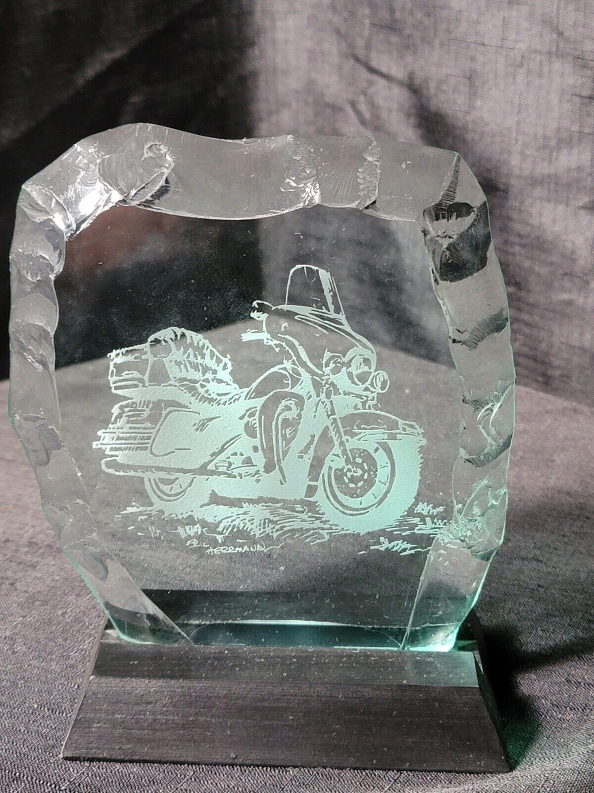 Eric Herrmann Studios Etched Cut Glass Harley Motorcycle Signed Art Sculpture 