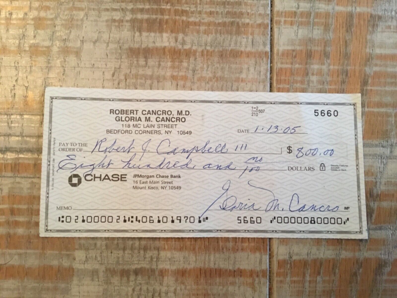 Dr. Robert J. Campbell Signed Check author Campbell Psychiatric Dictionary