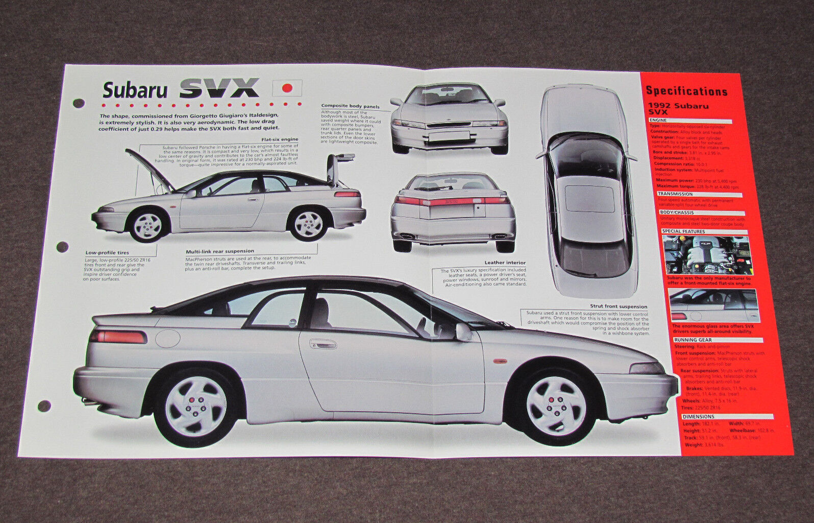1992-1996 SUBARU SVX Car SPEC SHEET BROCHURE PHOTO BOOKLET
