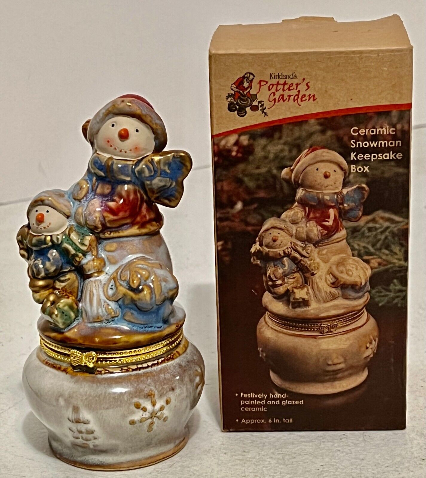 Kirklands Potter\'s Garden Handpainted glazed Ceramic Snowman Keepsake Box NIB