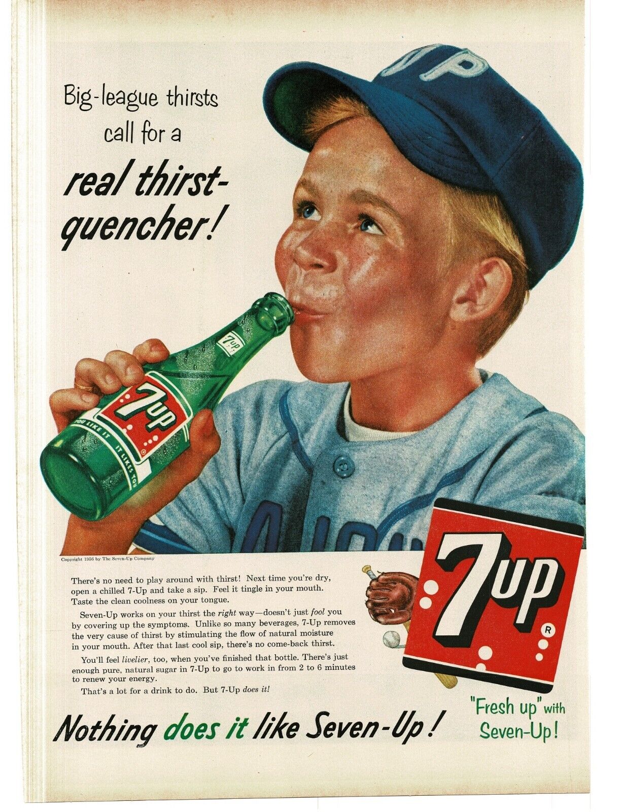 1956 7 UP Soda little boy baseball player enjoys a 7UP Vintage Print Ad