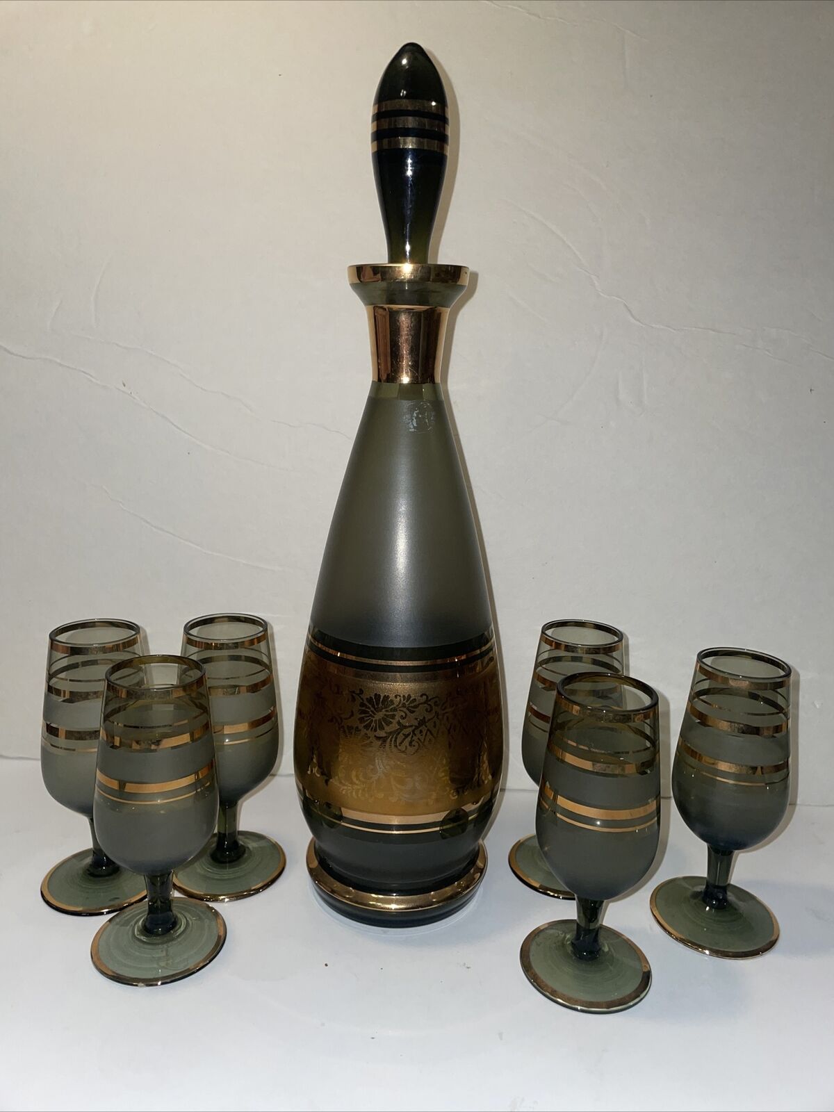 Bohemia Czech Smoked Glass Decanter and 6 Glasses 1950s Estate Vintage Set