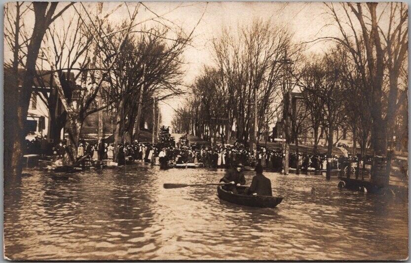 1910s RPPC Real Photo Postcard FLOOD SCENE Street View / Boat - City Unknown