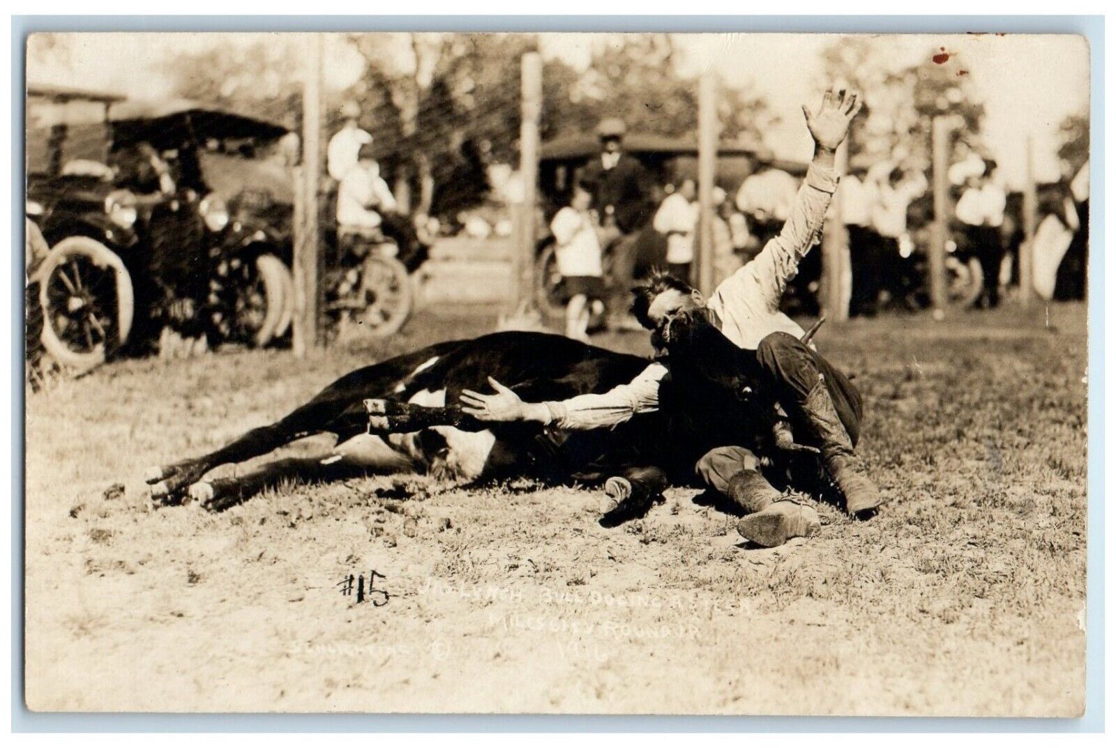 1916 Miles City MT Cowboy Bulldogging A Steer Rodeo RPPC Photo Antique Postcard