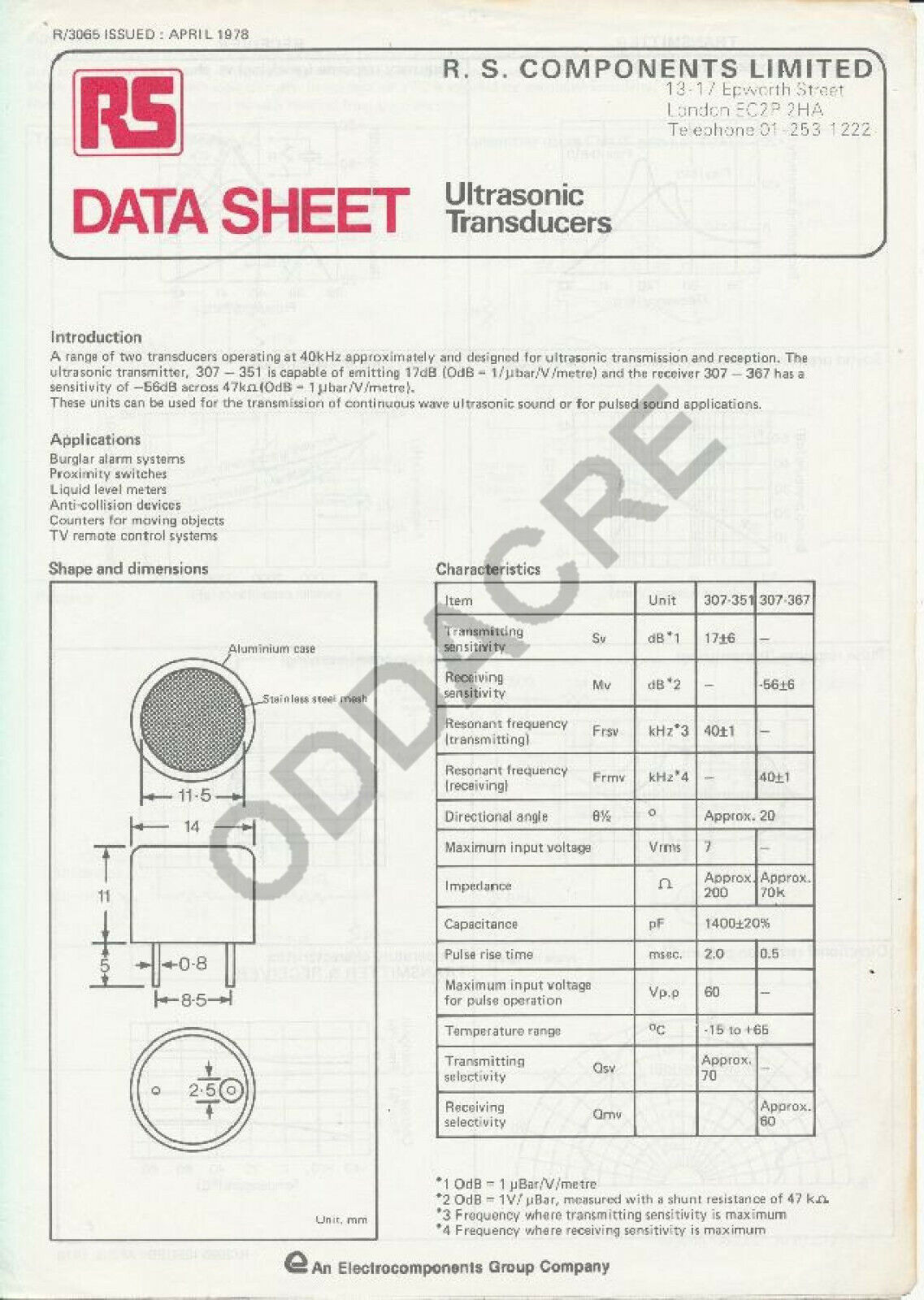 ULTRASONIC TRANSDUCERS RADIOSPARES 1978 DATA SHEET 307-351 307-367