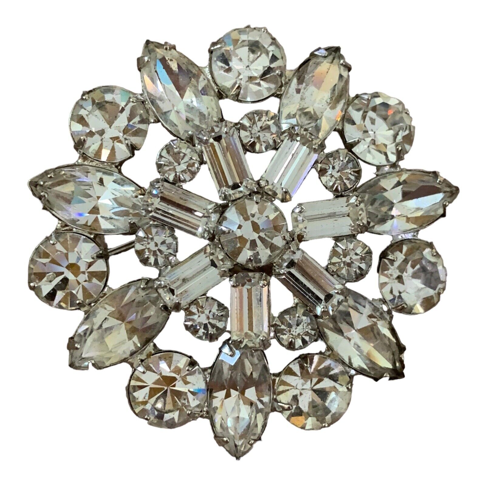 Vintage Weiss Clear Rhinestone Round Brooch Pin Costume Jewelry Signed 1 3/4”