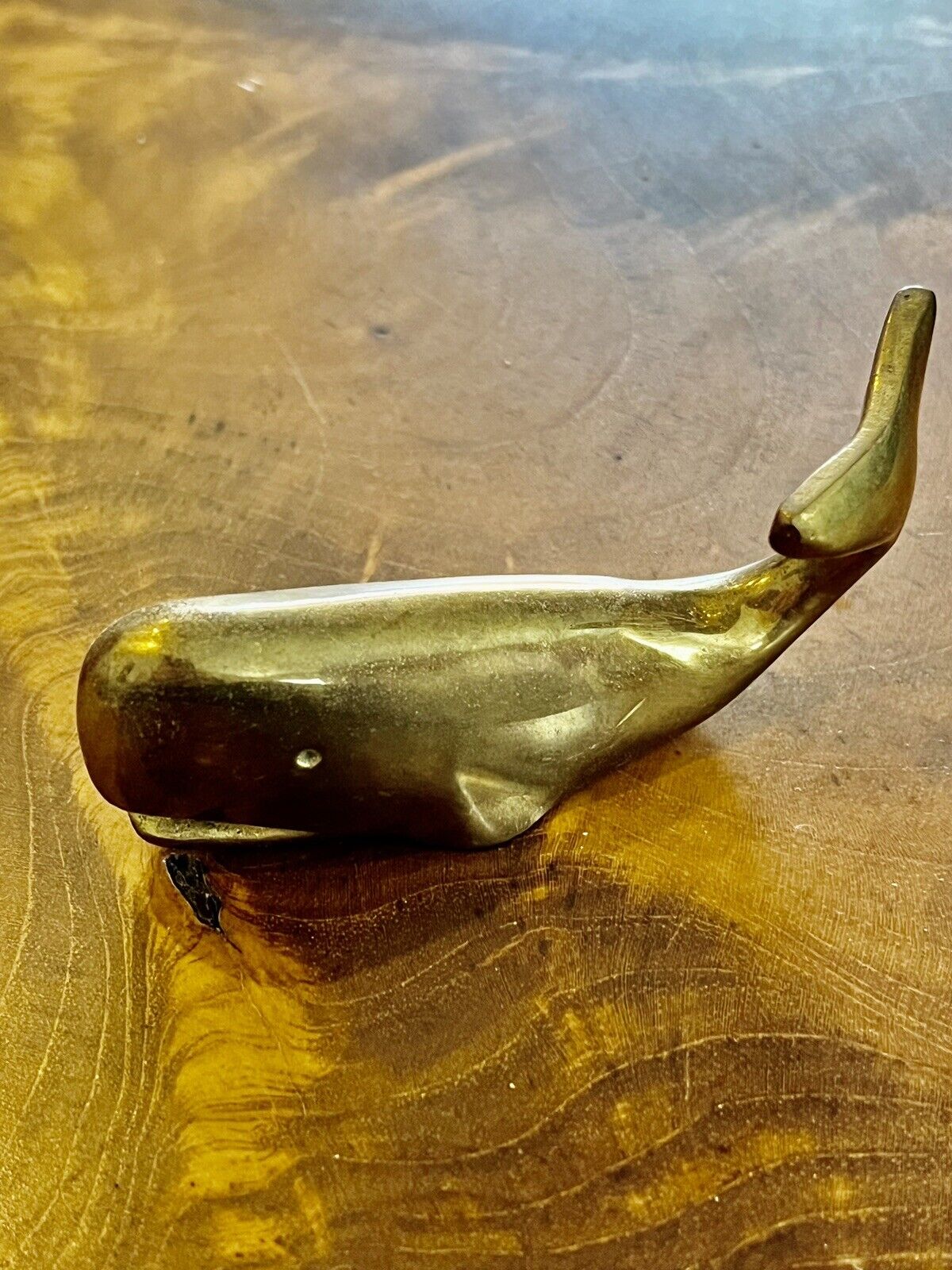 Vintage MCM Boho Brass Sperm Whale Paperweight Figurine Patina 3\